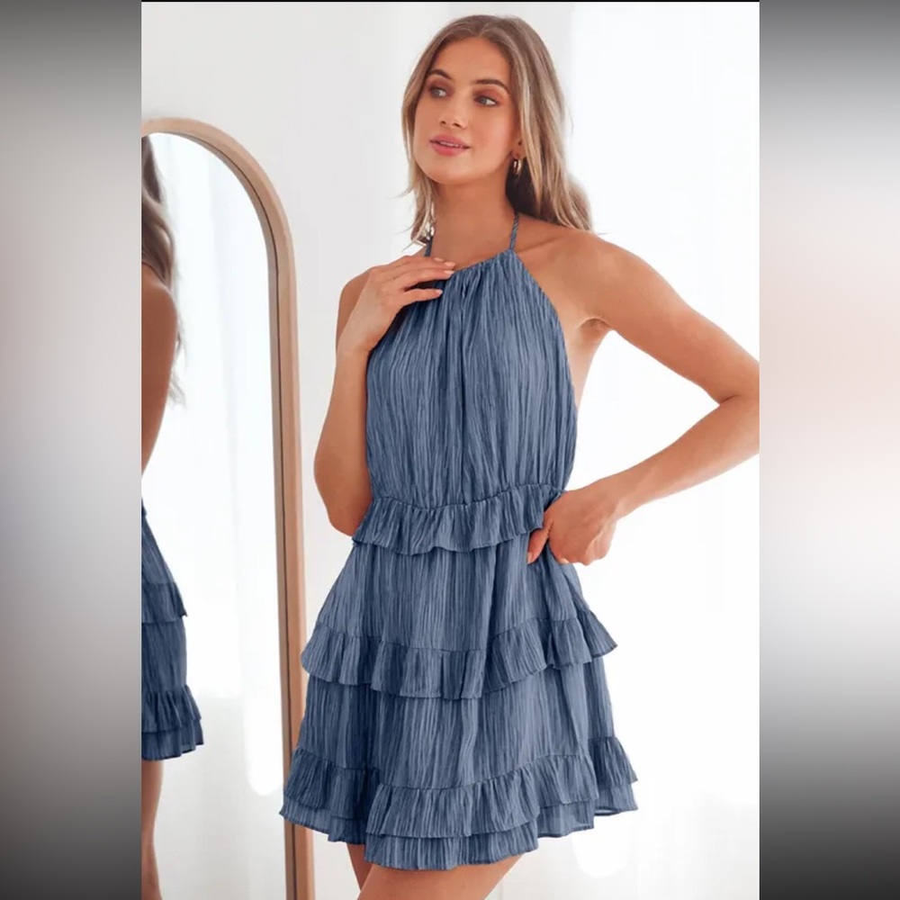 Lulus Light Blue Ruffled Halter Mini Dress - M